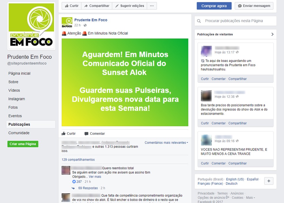 Organização diz em rede social que se pronunciará, mas não houve publicações (Foto: Reprodução/Facebook)