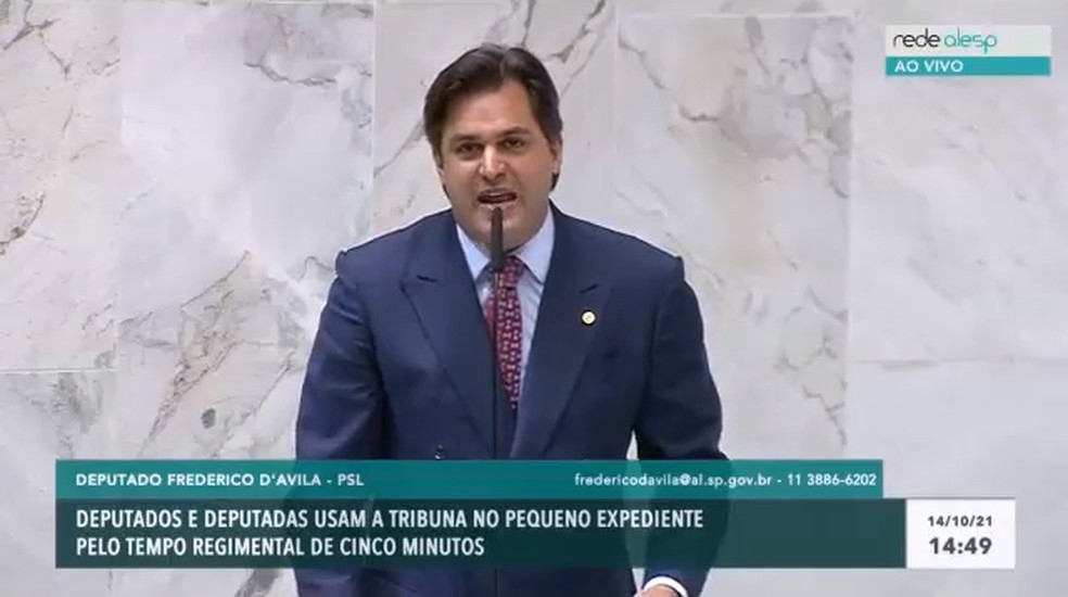 Deputado estadual Frederico D'Ávila (PSL) fez ofensas em discurso na Alesp — Foto: Reprodução/TV Alesp