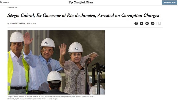 Notícia sobre a prisão do ex-governador do Rio de Janeiro, Sérgio Cabral, no jornal americano New York Times (Foto: Reprodução)