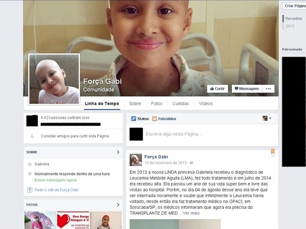 Menina Gabriela, de 6 anos, tem campanha em rede social (Foto: Reprodução/ Facebook)