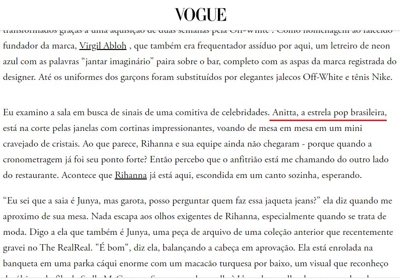 Anitta é mencionada por jornalista em entrevista de capa com Rihanna para Vogue América (Foto: Reprodução)