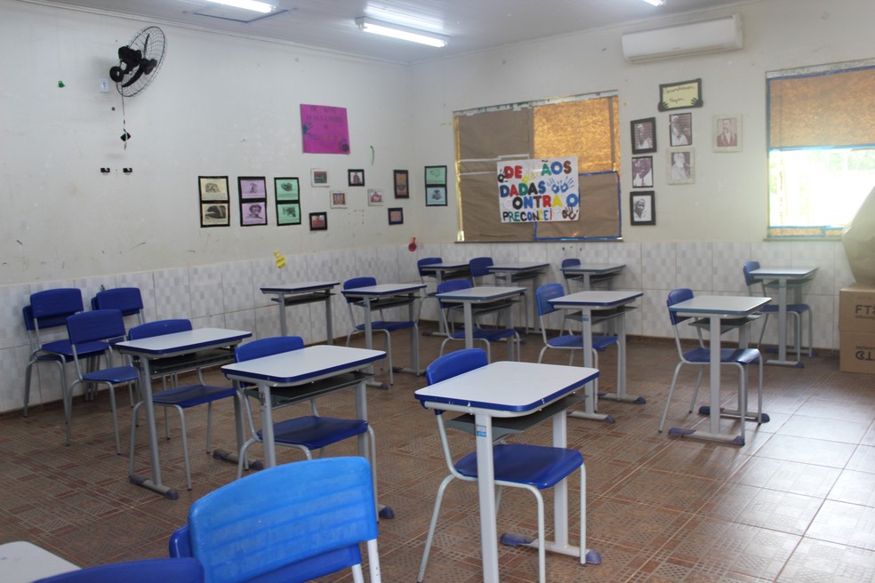 Sala de aula vazia em Cujubim Grande, escola estadual Raimundo Nonato Vieira da Silva — Foto: Jaíne Quele Cruz/g1