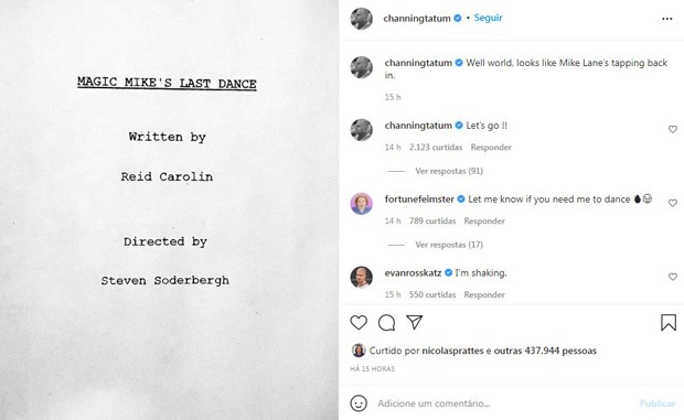 Channing Tatum revela sequência de Magic Mike em seu Instagram (Foto: Reprodução / Instagram)