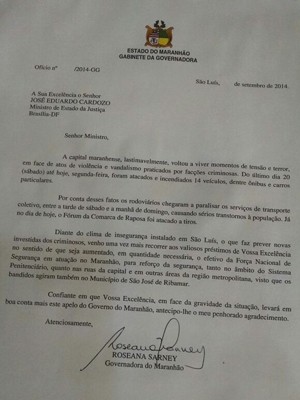 Ofício encaminhado ao Ministério da Justiça pelo governo do Maranhão (Foto: Lenno Edroaldo/G1)