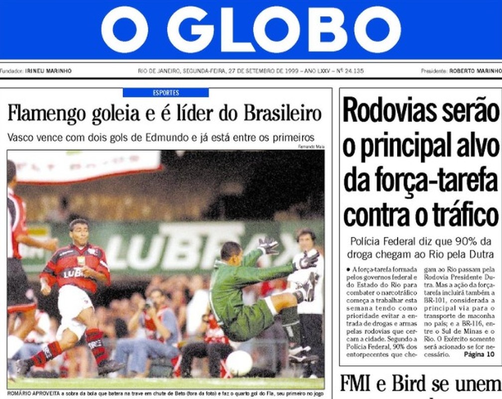 Capa do jornal "O Globo" de 27/09/99 após Flamengo 5 x 2 Vitória — Foto: Reprodução / Jornal O Globo