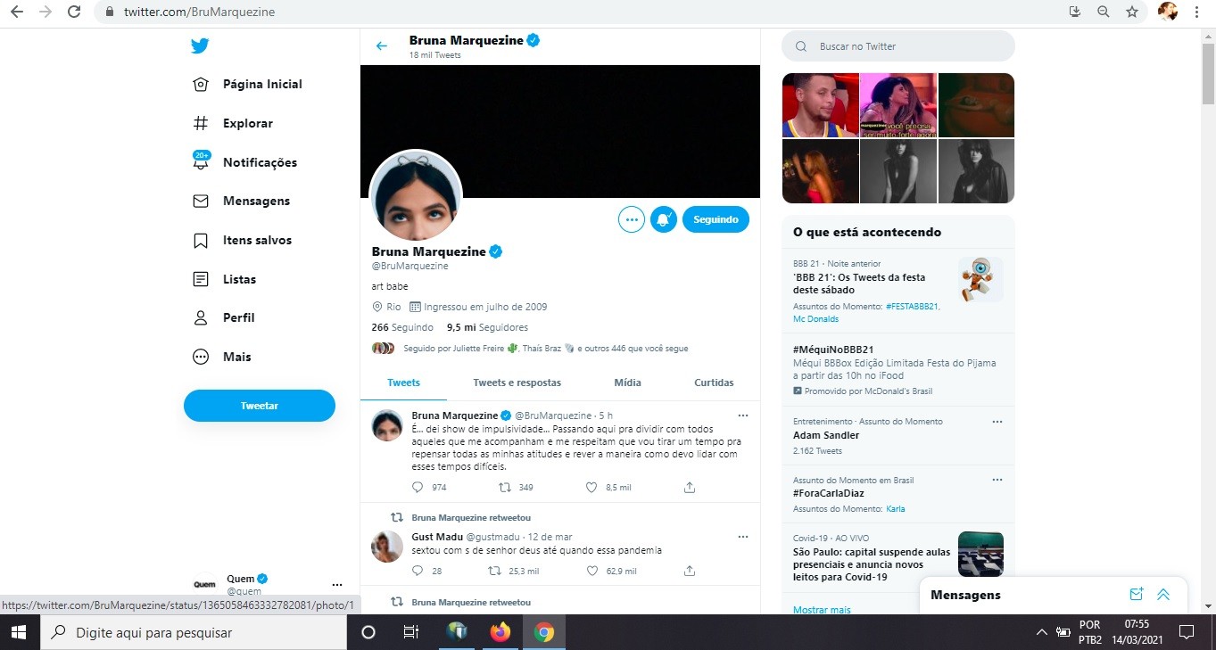 Bruna Marquezine volta a se comunicar no Twitter e admite show de impulsividade (Foto: Reprodução/Twitter)