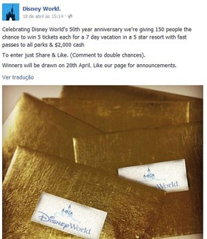 A falsa promoção promete viagem à Disney e mais US$ 2 mil em dinheiro (Foto: Reprodução/Facebook)