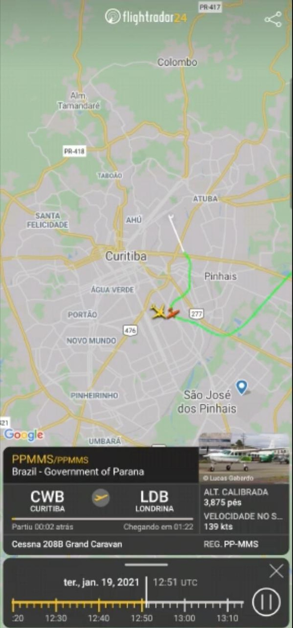 Imagem do site de monitoramento Flightradar24 mostra a proximidade das duas aeronaves — Foto: Reprodução
