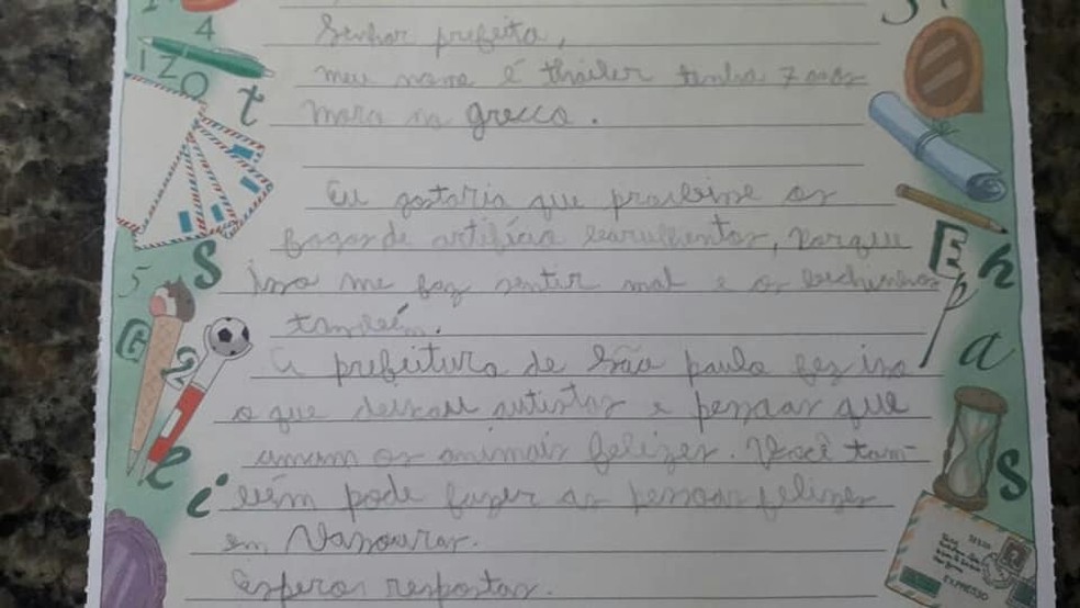 Menino com autismo escreve carta a prefeito de Vassouras pedindo que proíba fogos — Foto: Aline Caroline Ferreira/Arquivo Pessoal