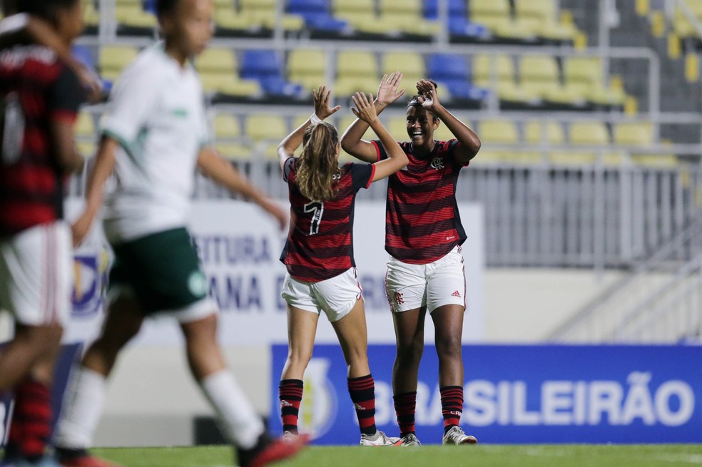 Jogadoras do Flamengo comemoram vitória contra o Goiás por 6 a 0 no Campeonato Brasileiro Feminino Sub20 — Foto: Adriano Fontes/CBF