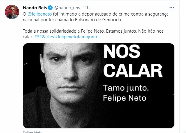 Nando Reis presta apoio a Felipe Neto (Foto: Reprodução/Instagram)