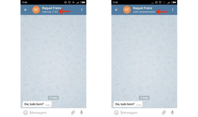 Telas antes e depois de esconder status visto por último no Telegram (Foto: Reprodução/Raquel Freire)