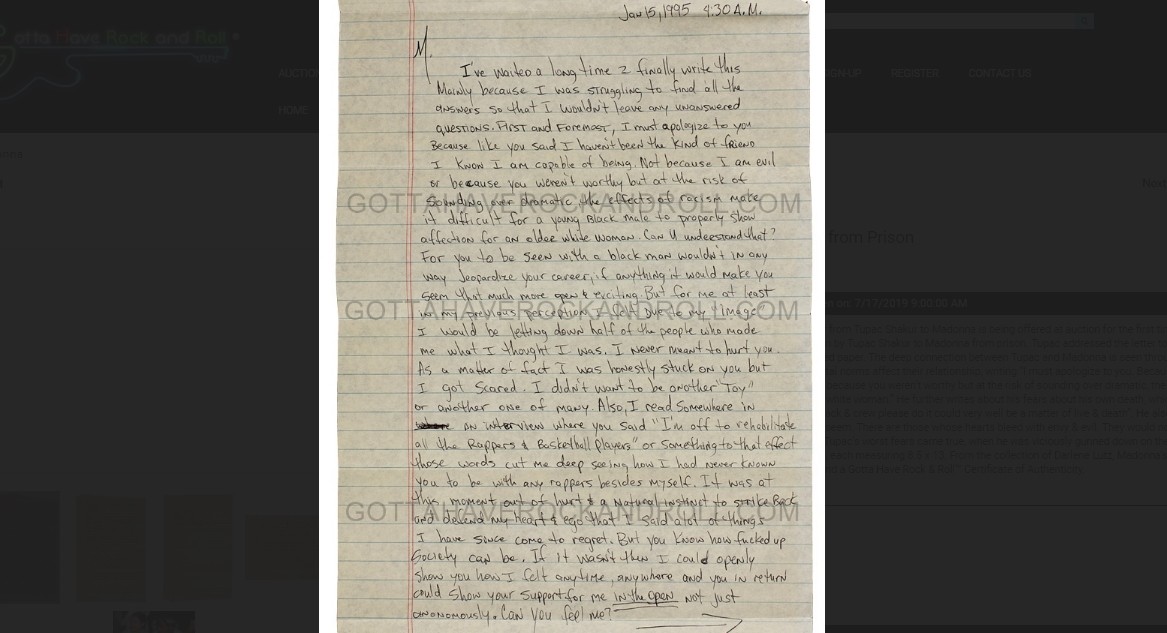 Carta do rapper Tupac terminando namoro com Madonna vai a leilão (Foto: Reprodução)