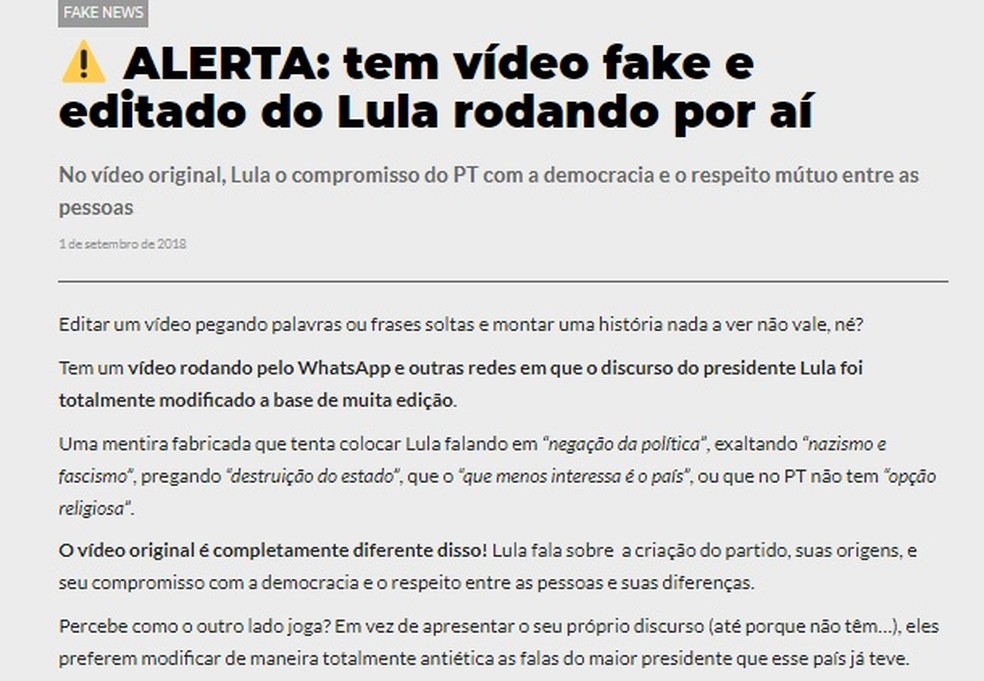 E Fake Que Lula Em Video Relaciona O Pt Ao Fascismo E Ao Nazismo Menos A Democracia Fato Ou Fake G1