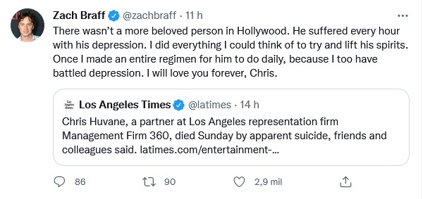O post de Zach Braff lamentando a morte de Chris Huvane  (Foto: Twitter)