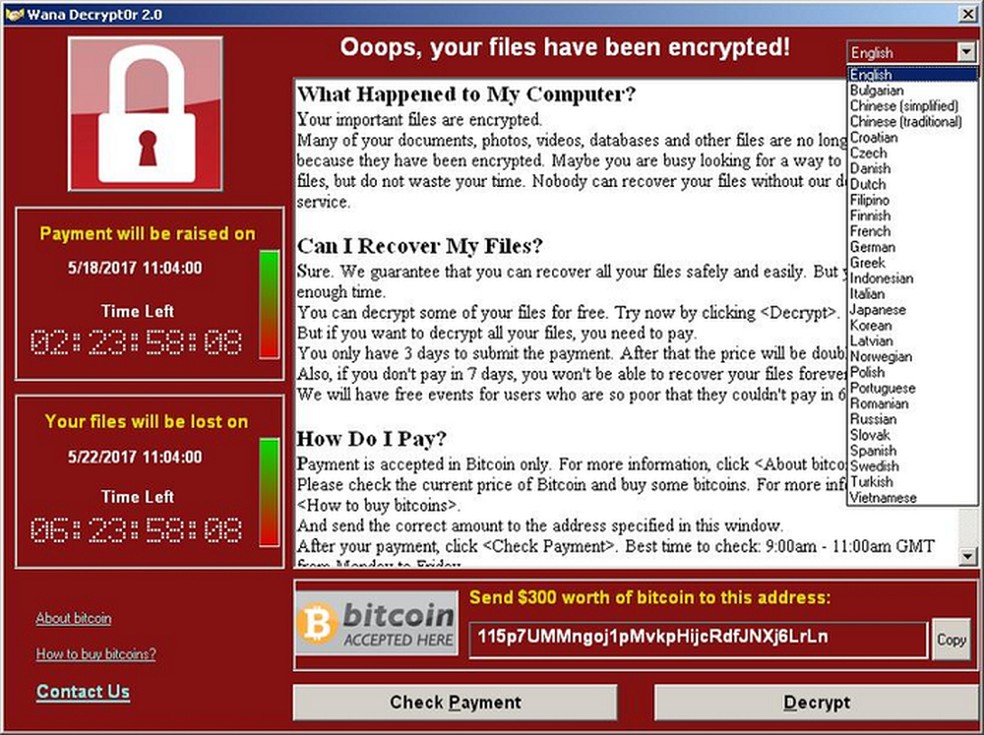 Golpe que usava o vírus WannaCry em 2017 atingiu mais de 150 países (Foto: Divulgação)