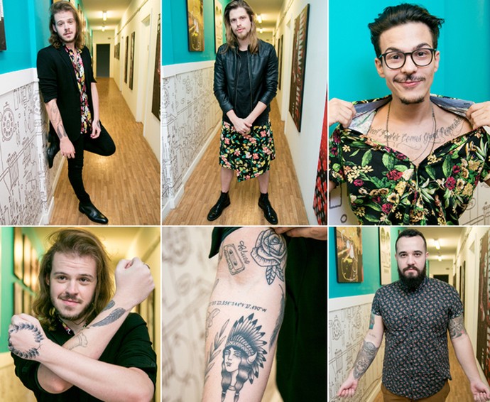 Banda Bellamore exibe tatuagens e usa saia para homem (Foto: Isabella Pinheiro/Gshow)