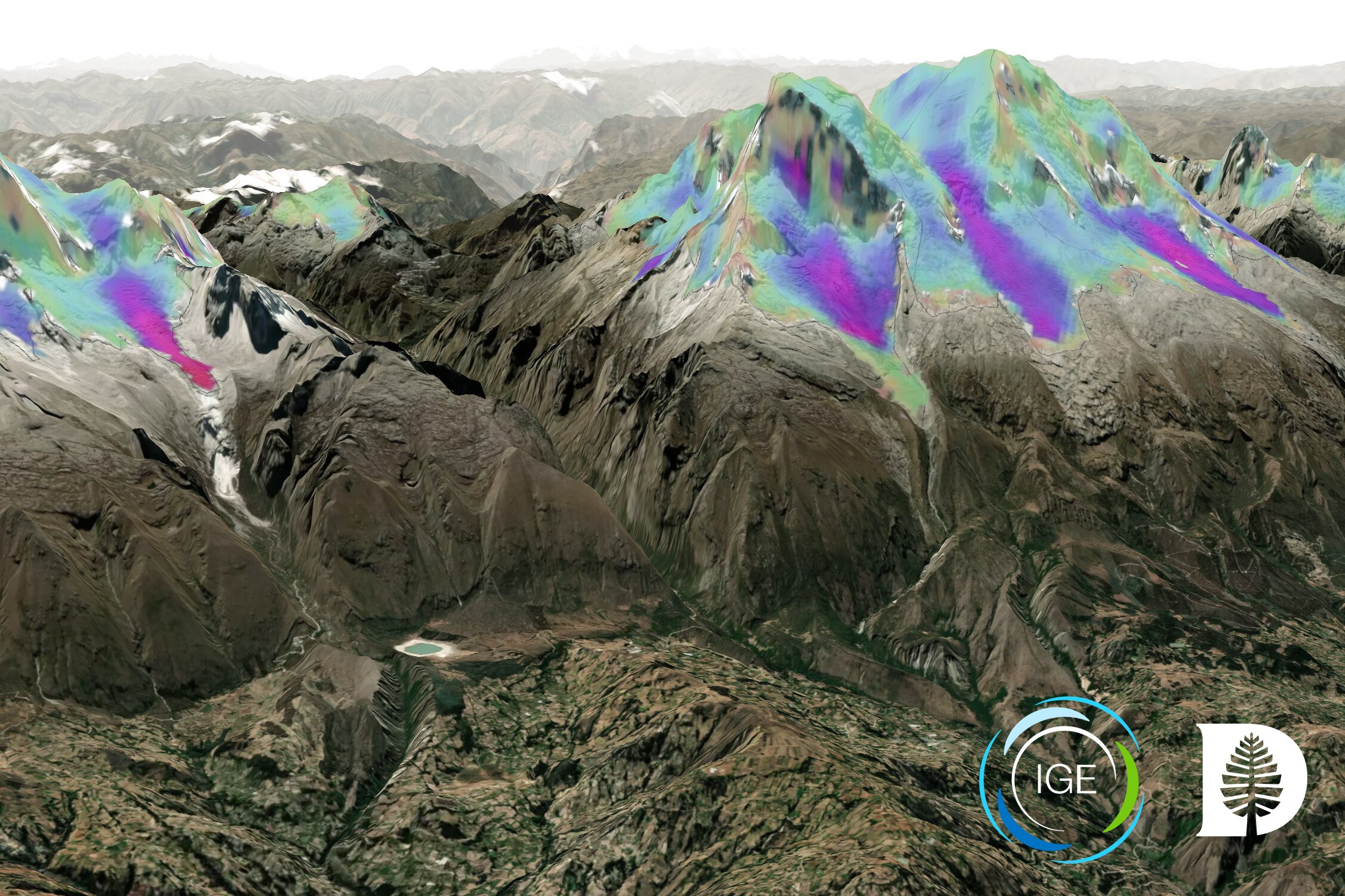 Usando dados sobre a velocidade do fluxo glacial, estudo aponta que a cordilheira dos Andes tem 23% a menos de gelo e água do que era esperado. As cores mais escuras do mapa, na cordilheira Blanca, do Peru, indicam fluxo glacial mais rápido. (Foto: IGE-CNRS ©Mapbox ©OpenStreetMap ©Maxar)