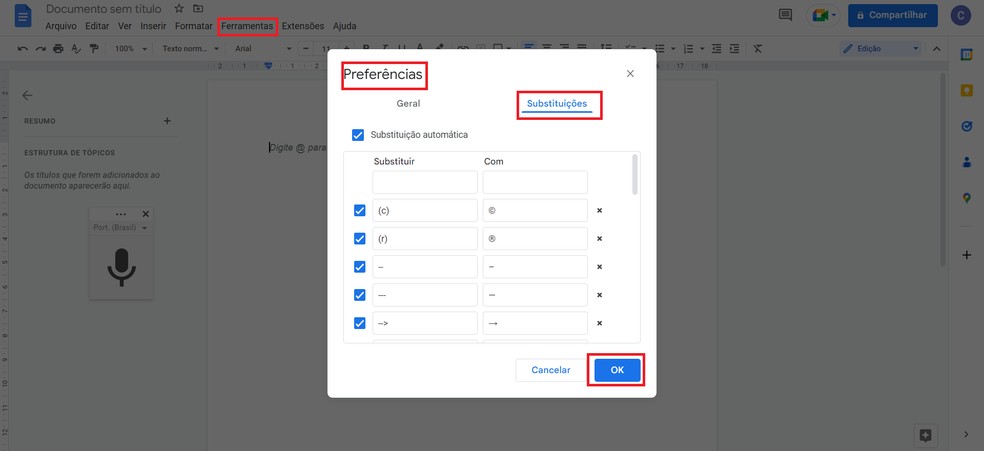 Configure a substituição automática de trechos repetidos para poupar tempo no Google Docs — Foto: Reprodução/Caroline Silvestre
