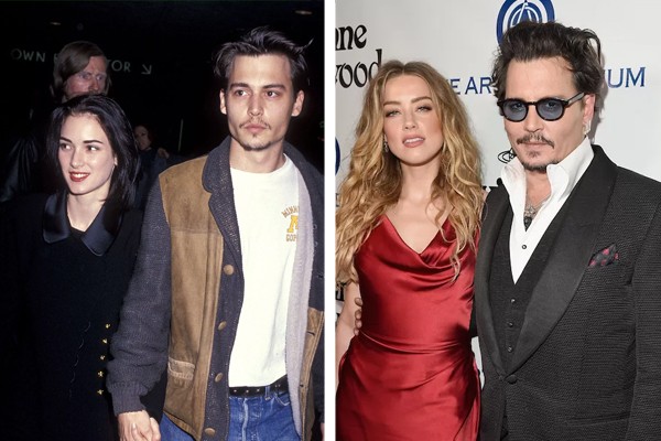 Johnny Depp com Winona Ryder (à esquerda) e com Amber Heard (à direita) (Foto: Getty Images)
