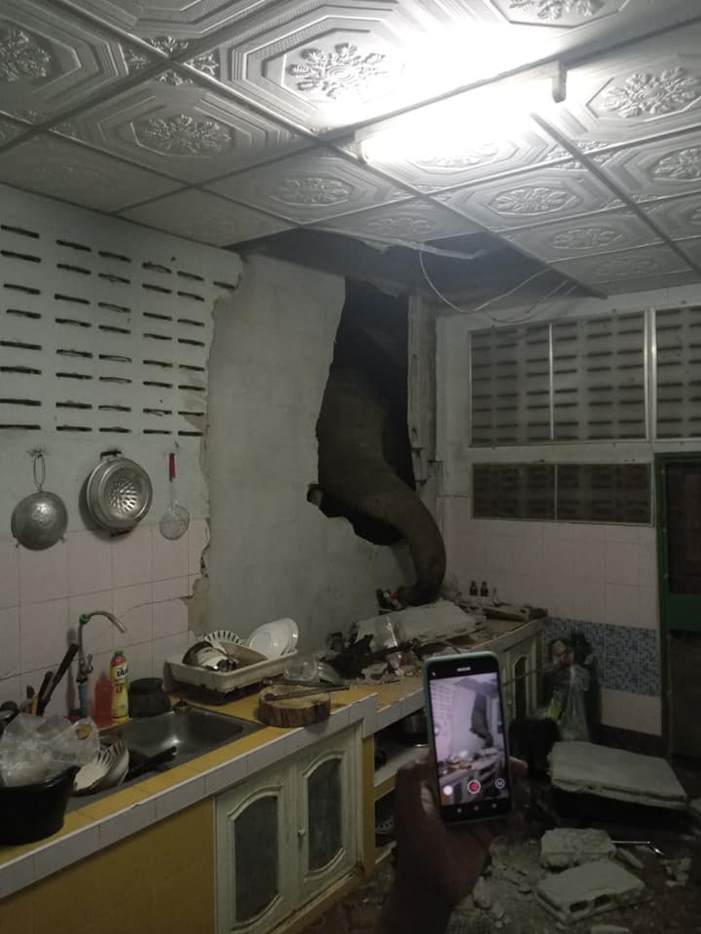 Elefante procura comida na cozinha de casa em Pa La-U, Hua Hin, na Tailândia. A foto foi tirada pela dona do imóvel, Radchadawan Peungprasopporn, em 23 de julho de 2021 — Foto: Facebook/Radchadawan Peungprasopporn
