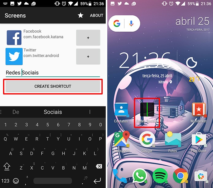 Screens cria atalho na tela inicial para abrir dois aplicativos no Android (Foto: Reprodução/Elson de Souza)