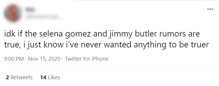 Fãs comentaram rumores sobre Selena Gomez e Jimmy Butler terem ido a um encontro juntos (Foto: Reprodução / Twitter)