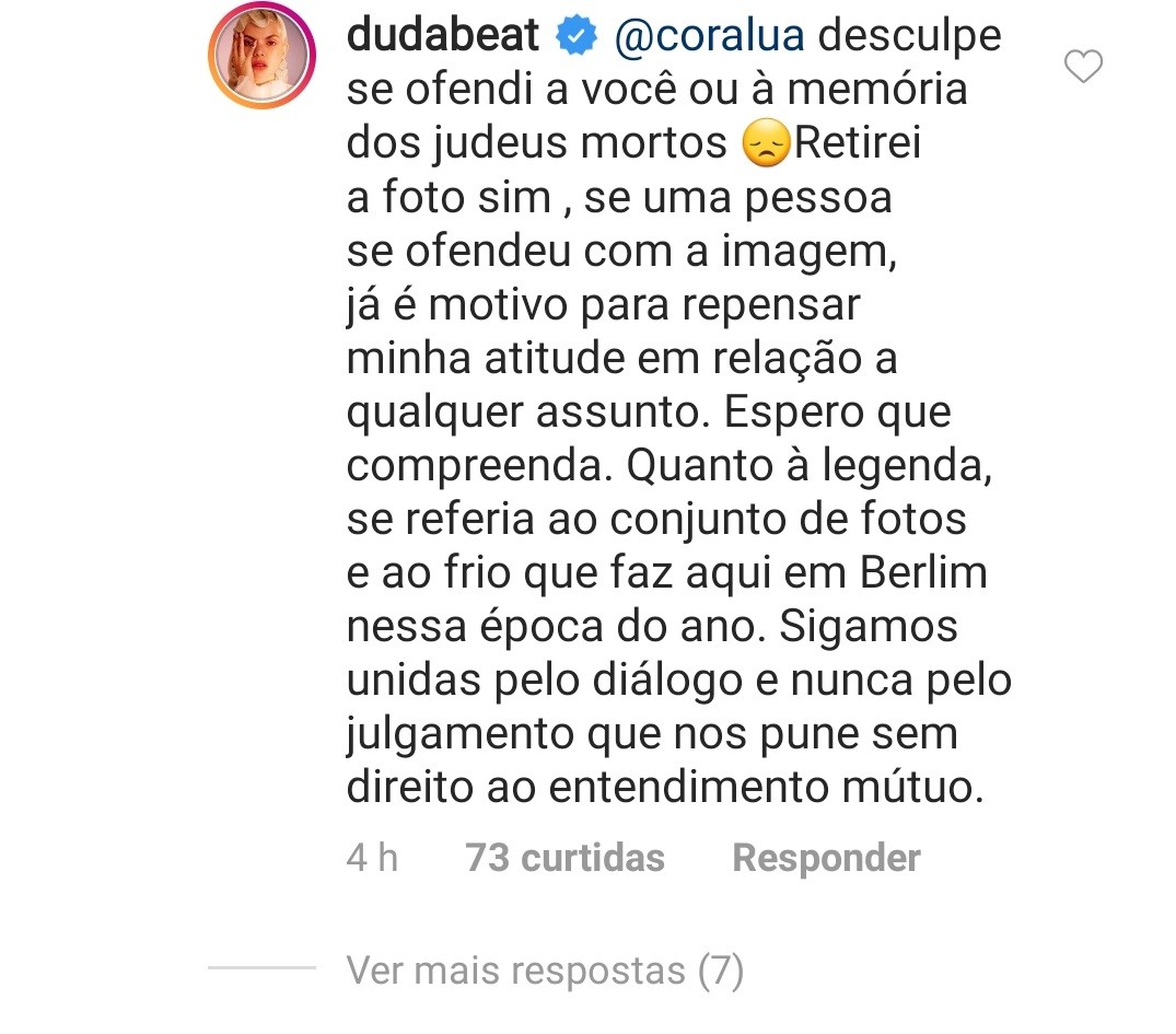 Resposta de Duda Beat  (Foto: Reprodução/Instagram)