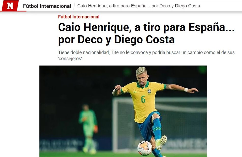 Matéria do Marca diz que Caio Henrique pode seguir os passos de Deco e Diego Costa — Foto: Reprodução