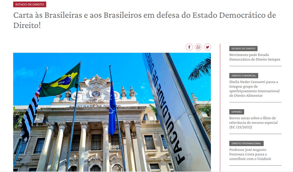Faculdade de Direito da USP divulga carta às Brasileiras e aos Brasileiros em defesa do Estado Democrático de Direito! — Foto: Reprodução