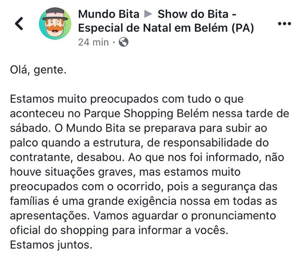 Nota do Mundo Bita após desabamento de estrutura de show em Belém — Foto: Reprodução/Facebook