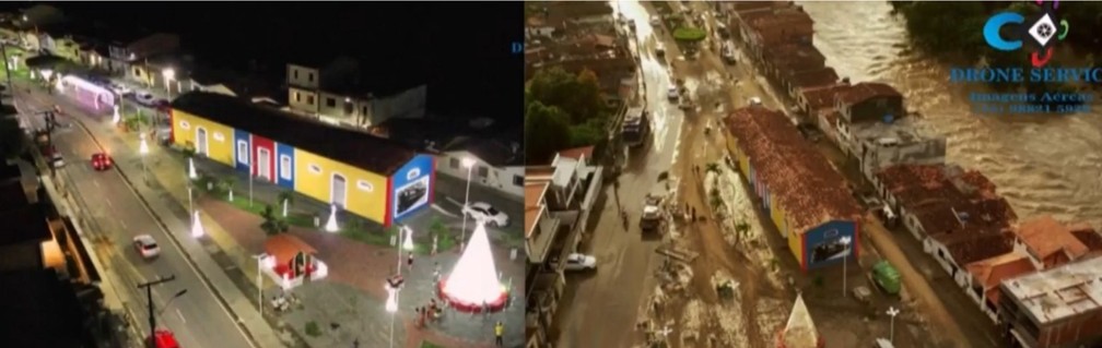Imagens aéreas mostram antes e depois das chuvas no Vale do Jiquiriça, na Bahia — Foto: Reprodução/TV Subaé