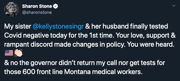 O post da atriz Sharon Stone anunciando que a irmã dela e o marido estão curados de COVID-19 (Foto: Twitter)