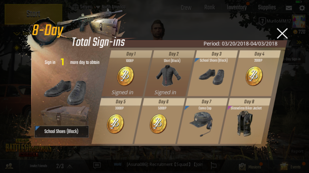 Colete itens logando-se diariamente em PUBG Mobile — Foto: Reprodução/Murilo Molina