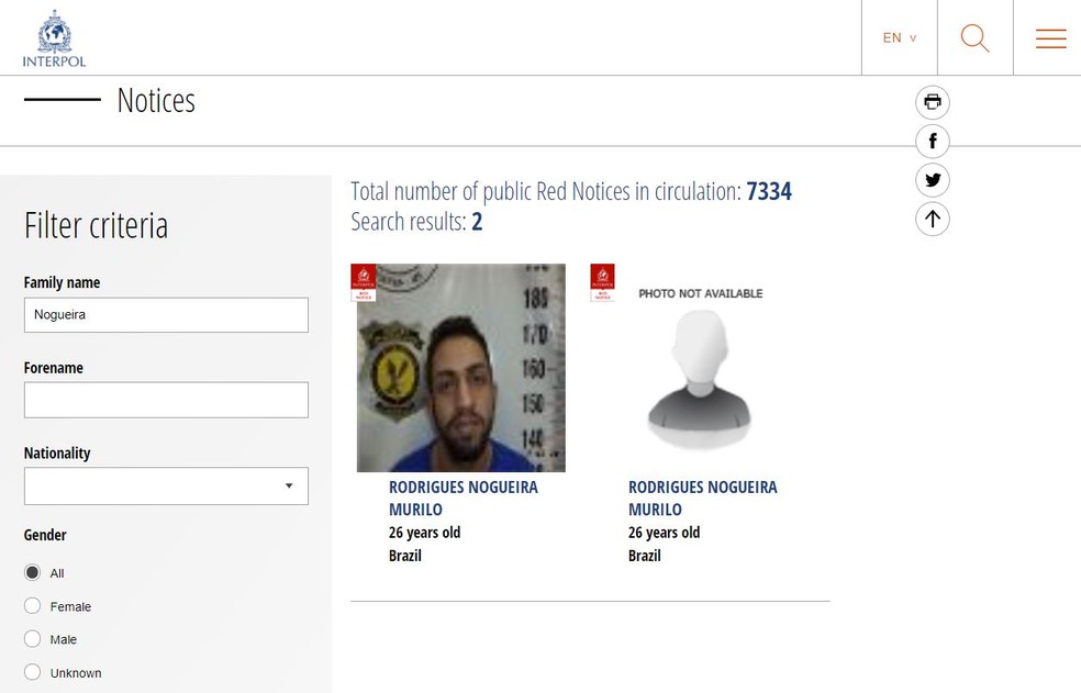 Lista da Interpol tem o nome de Murilo Rodrigues Nogueira entre os procurados — Foto: Reprodução/Interpol