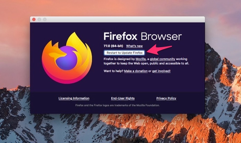 Ação mostra como atualizar o Firefox reiniciando o navegador — Foto: Reprodução/Marvin Costa