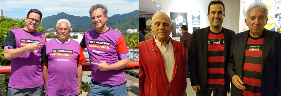 Alcides e Lomba, ambos no centro das fotos, concorrem à presidência do Code do Flamengo — Foto: Montagens em cima de fotos de UniFla/Divulgação e Marcelo Baltar