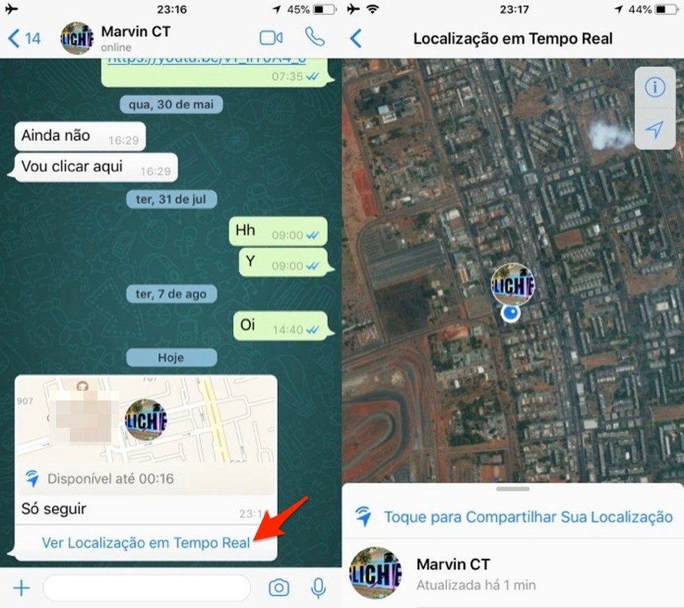 Ação para abrir uma localização de amigo no WhatsApp para iPhone (Foto: Reprodução/Marvin Costa)