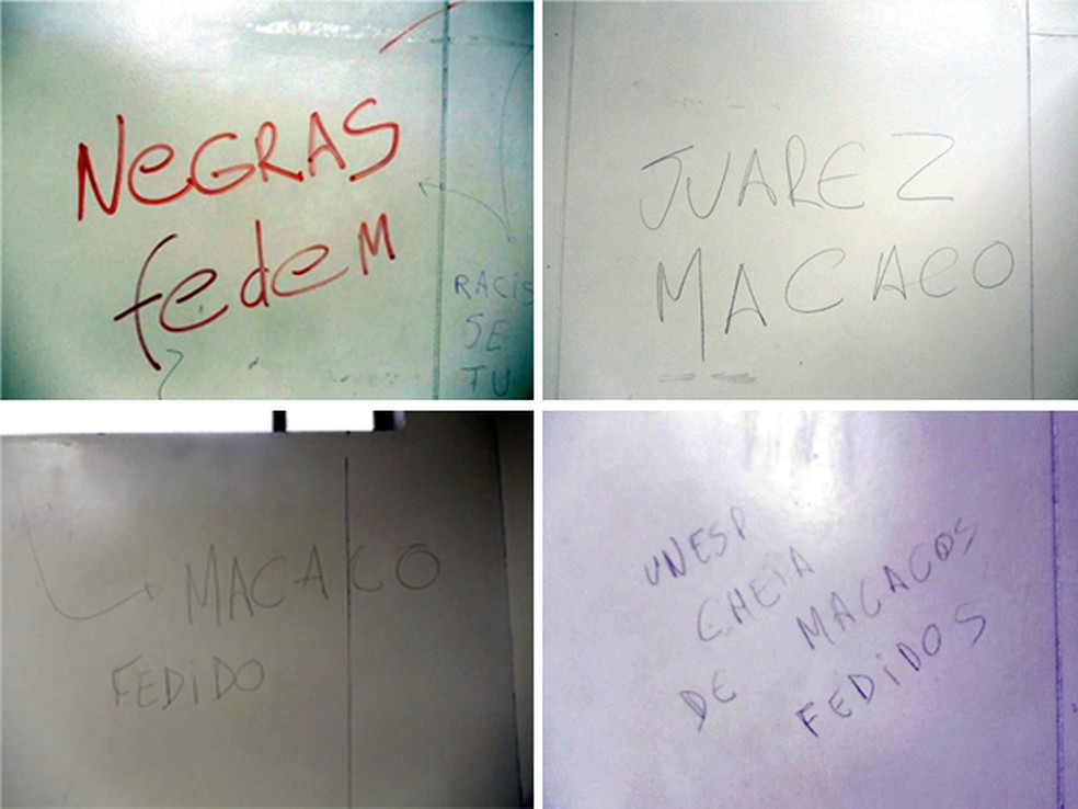Mensagens racistas foram escritas em um banheiro da Unesp em Bauru — Foto: Juarez Tadeu de Paula Xavier / Arquivo pessoal
