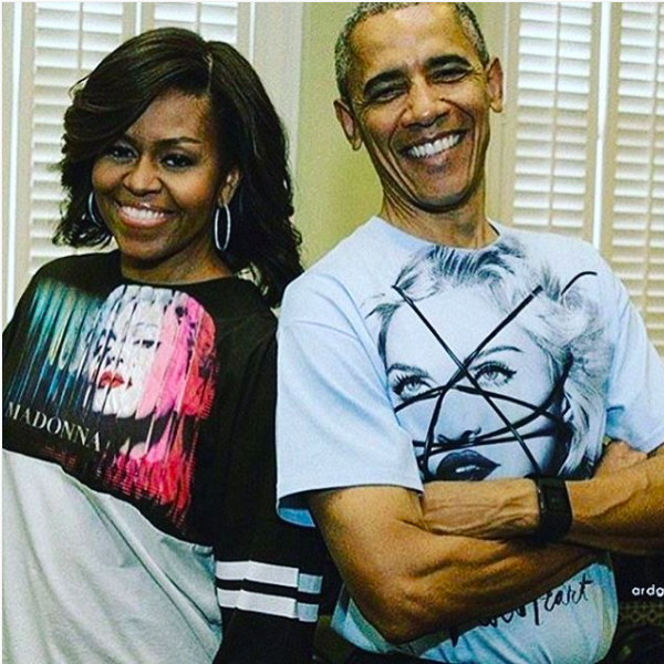 A montagem feita por fãs com Barack e Michelle Obama vestindo camisas em homenage a Madonna (Foto: Instagram)
