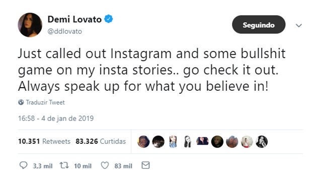 Demi Lovato condena propaganda com conteúdo gordofóbico na web (Foto: Reprodução/Instagram)
