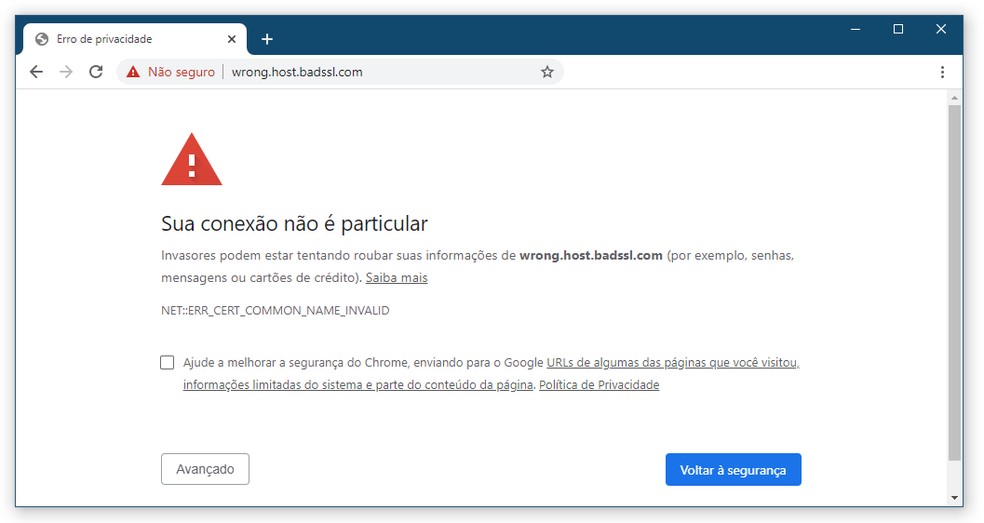 'Sua conexão não é particular' e rótulo 'não seguro' na barra de endereços: se esses erros aparecerem em sites de redes sociais, bancos e sistemas de pagamento e o problema persistir por vários dias, a conexão pode ter sido adulterada.  — Foto: Reprodução