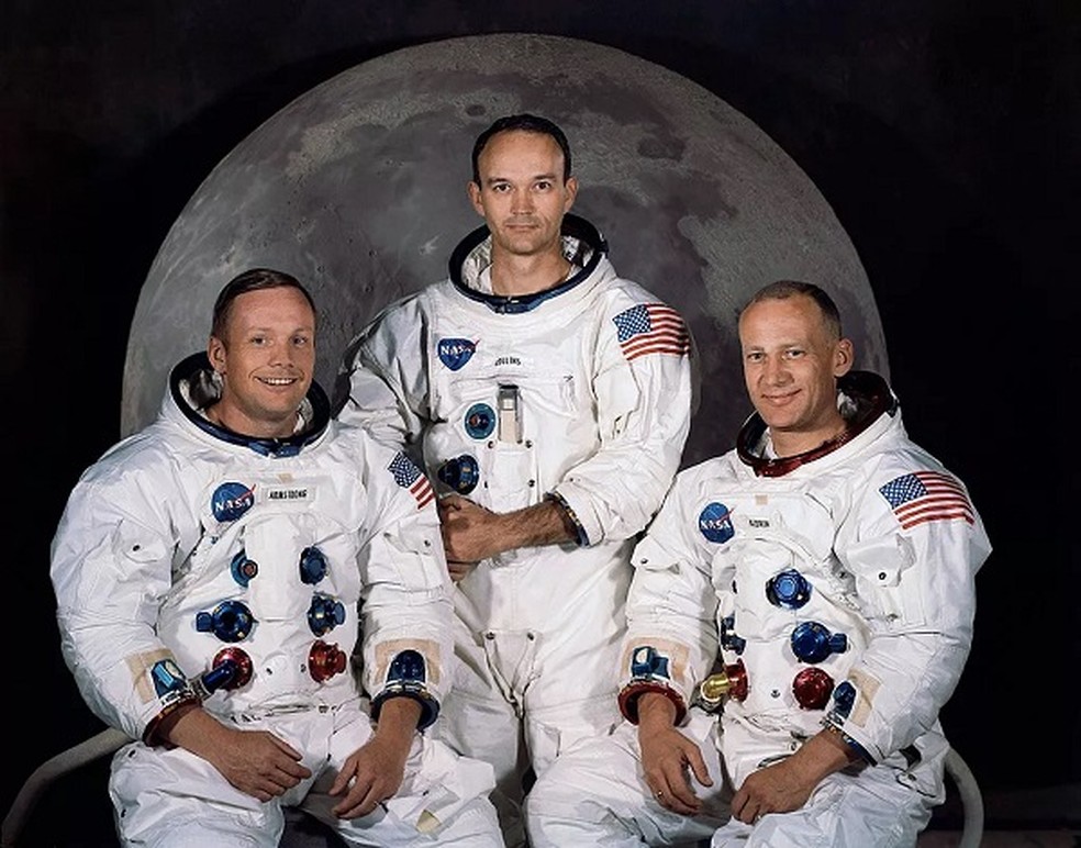 A tripulação da Apollo 11: Neil A. Armstrong, Michael Collins e Edwin E. Aldrin Jr., mais conhecido como Buzz Aldrin — Foto: Foto: Divulgação / NASA