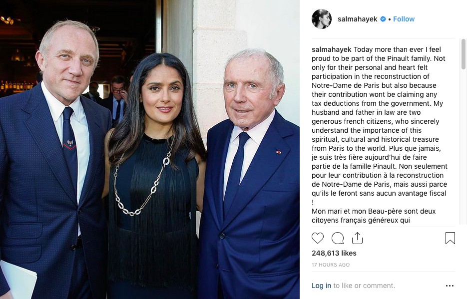 O post da atriz Salma Hayek celebrando a doação de 100 milhões de euros feita pelo marido e o sogro dela para a reconstrução da Catedral de Notre Dame (Foto: Instagram)