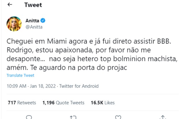 Anitta afirmou que se apaixonou por Rodrigo Mussi (Foto: Reprodução/Twitter)