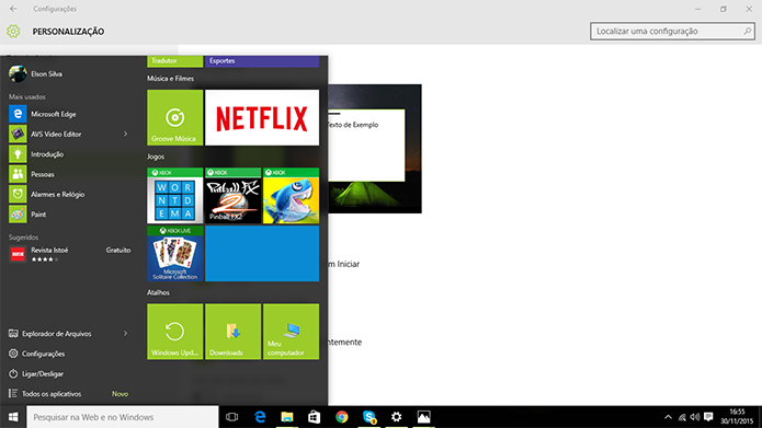 Windows 10 tem menu iniciar com atalhos para pastas e configurações (Foto: Reprodução/Elson de Souza)