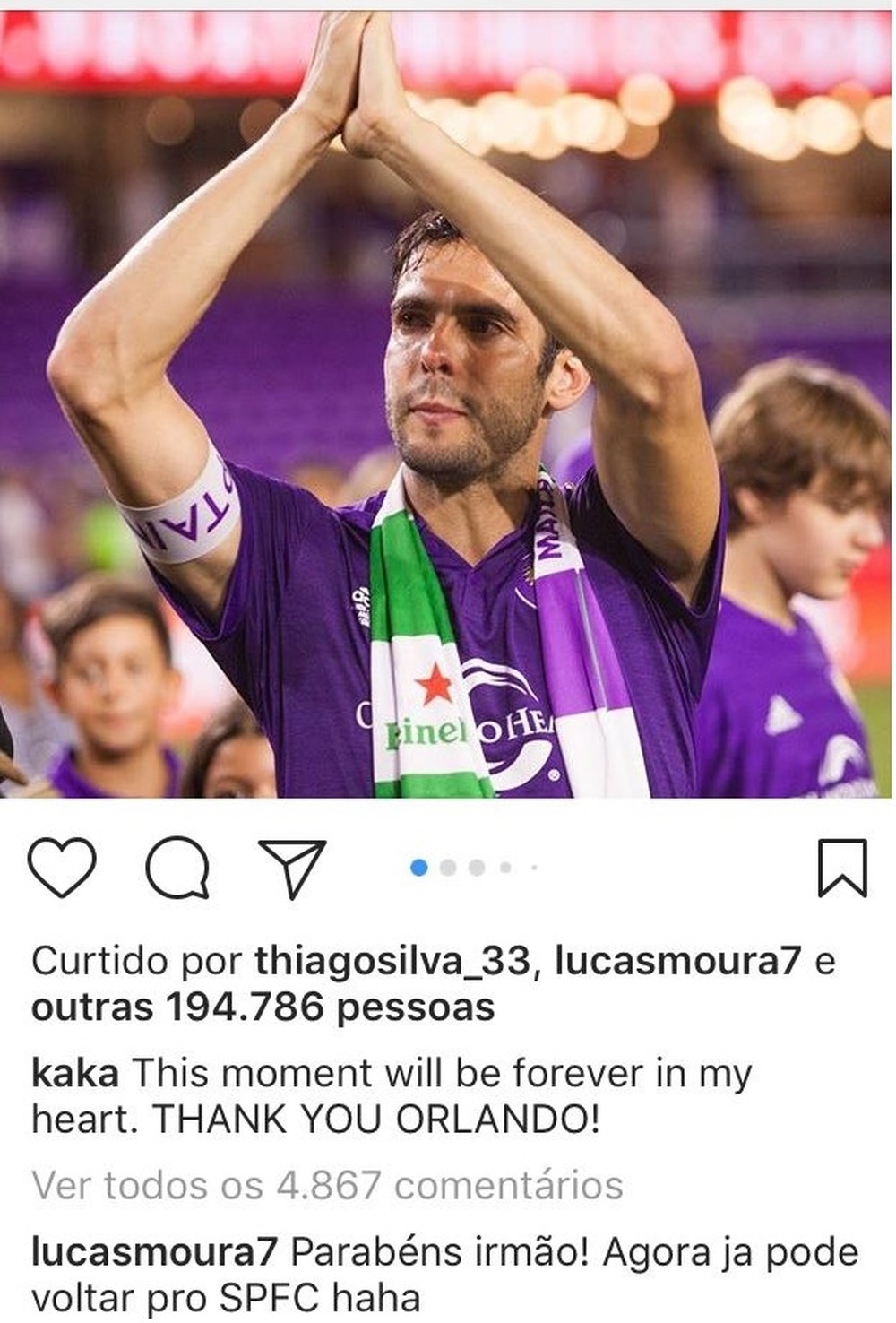Comentário de Lucas Moura na postagem de Kaka no Instagram