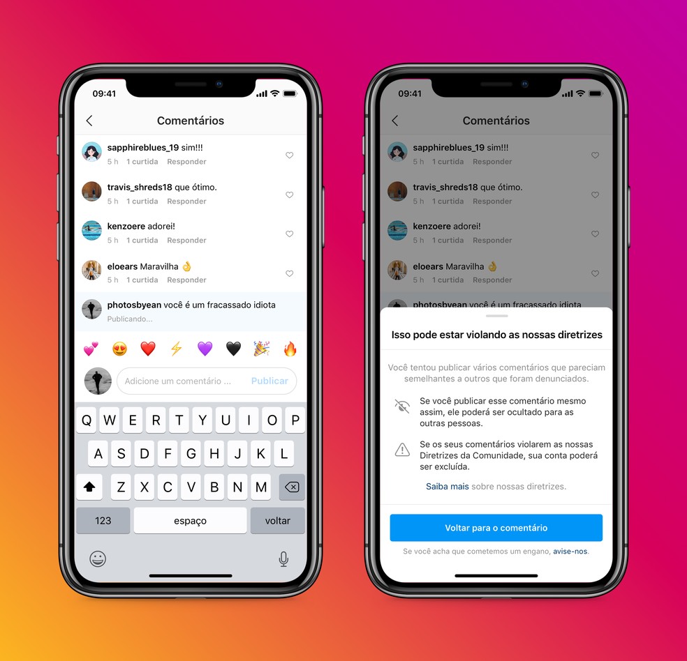 A rede social amplia o recurso que alerta ao usuário que aquele comentário pode ser ofensivo — Foto: Divulgação/Instagram