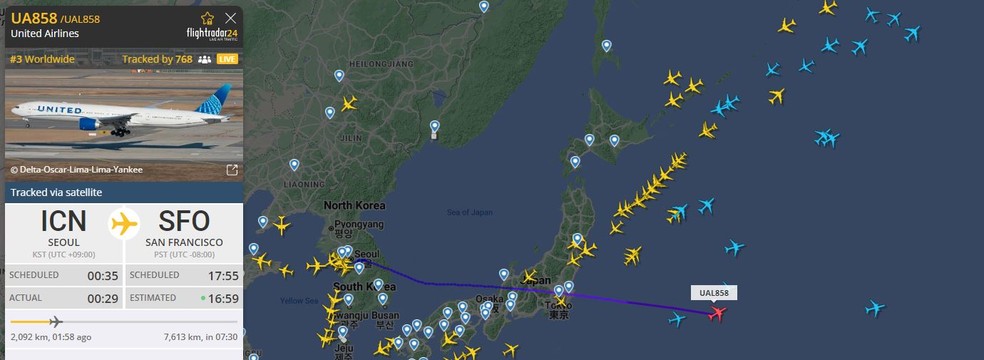 Voo da United que deixou Seul em 1º de janeiro e chega a San Francisco em 31 de dezembro — Foto: Reprodução/FlightRadar24