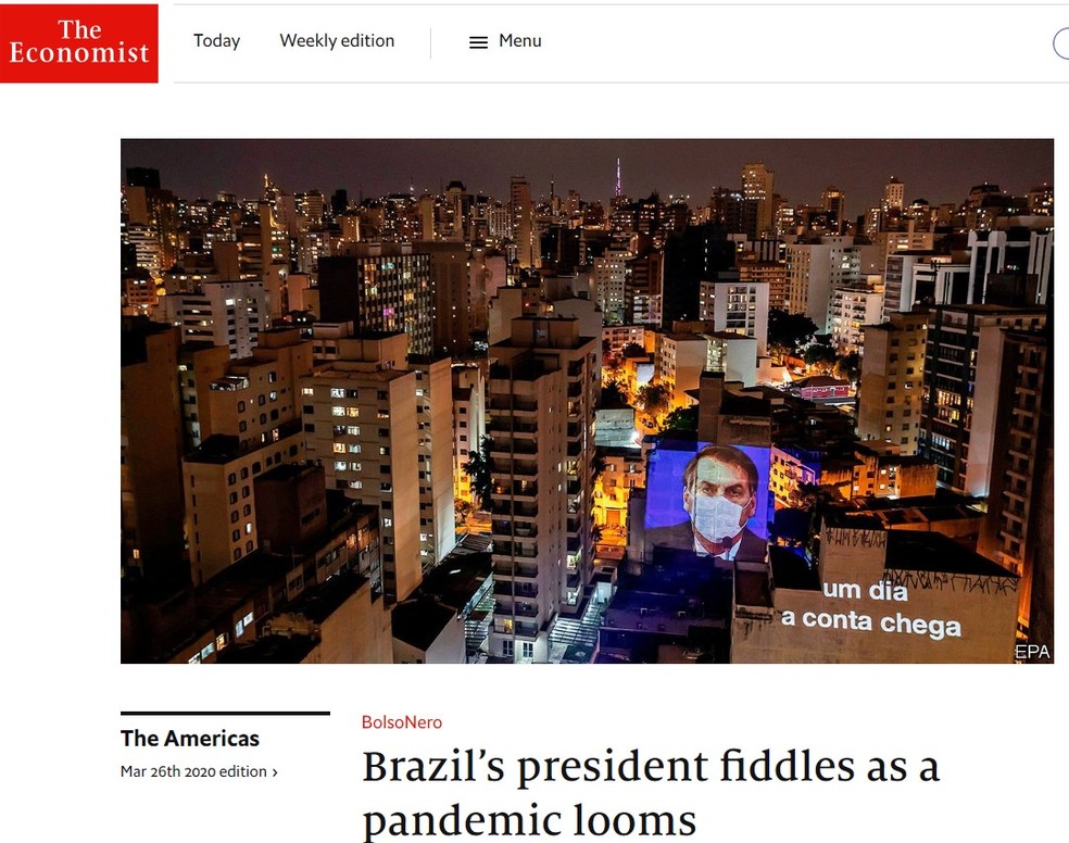 Reprodução da matéria da "The Economist" em que Jair Bolsonaro é chamado de BolsoNero — Foto: Reprodução